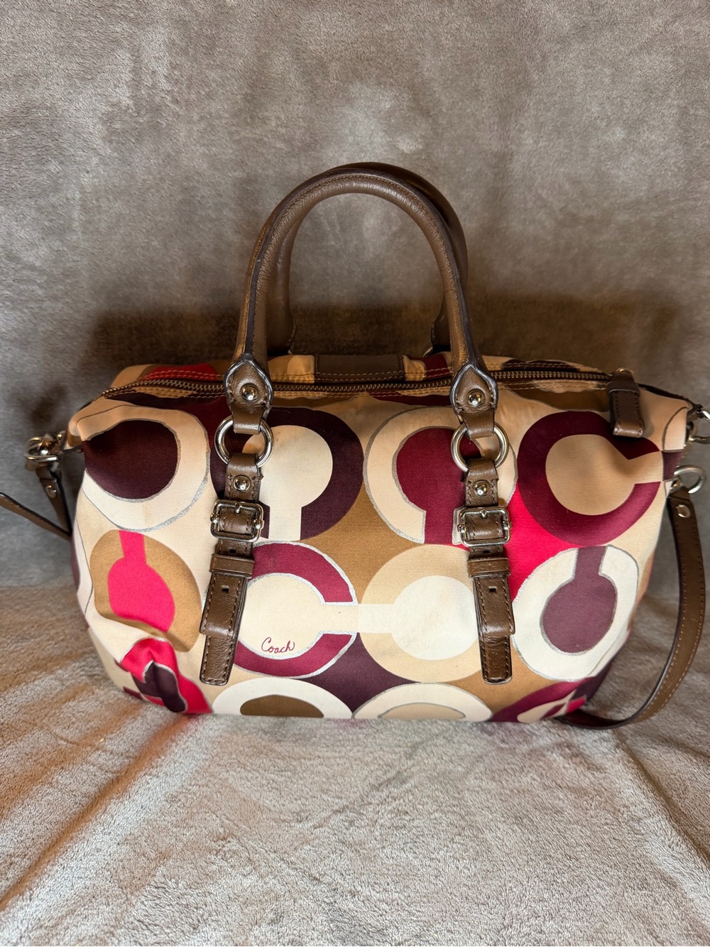 Coach Op Art Multicolor Satin Monogram Satchel with Brown Leather Trim - Picture 8 of 11